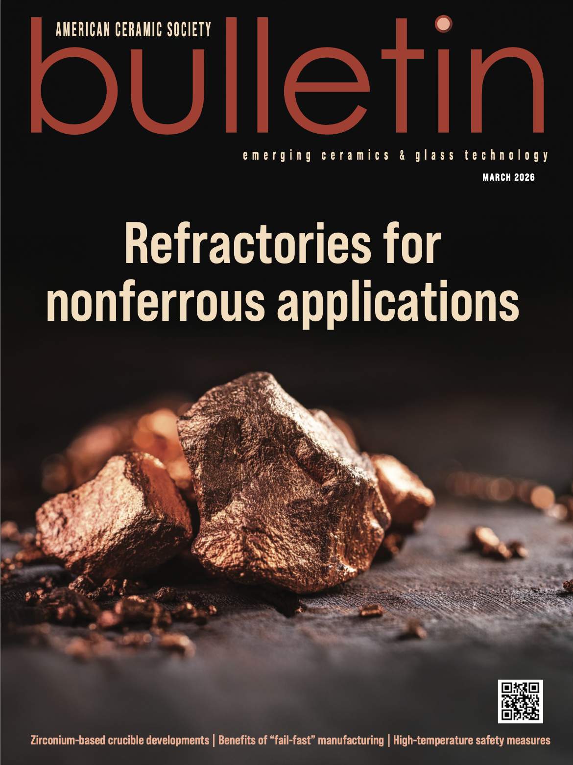 Cover of the March 2023 ACerS Bulletin featuring refractory materials and ceramic research.