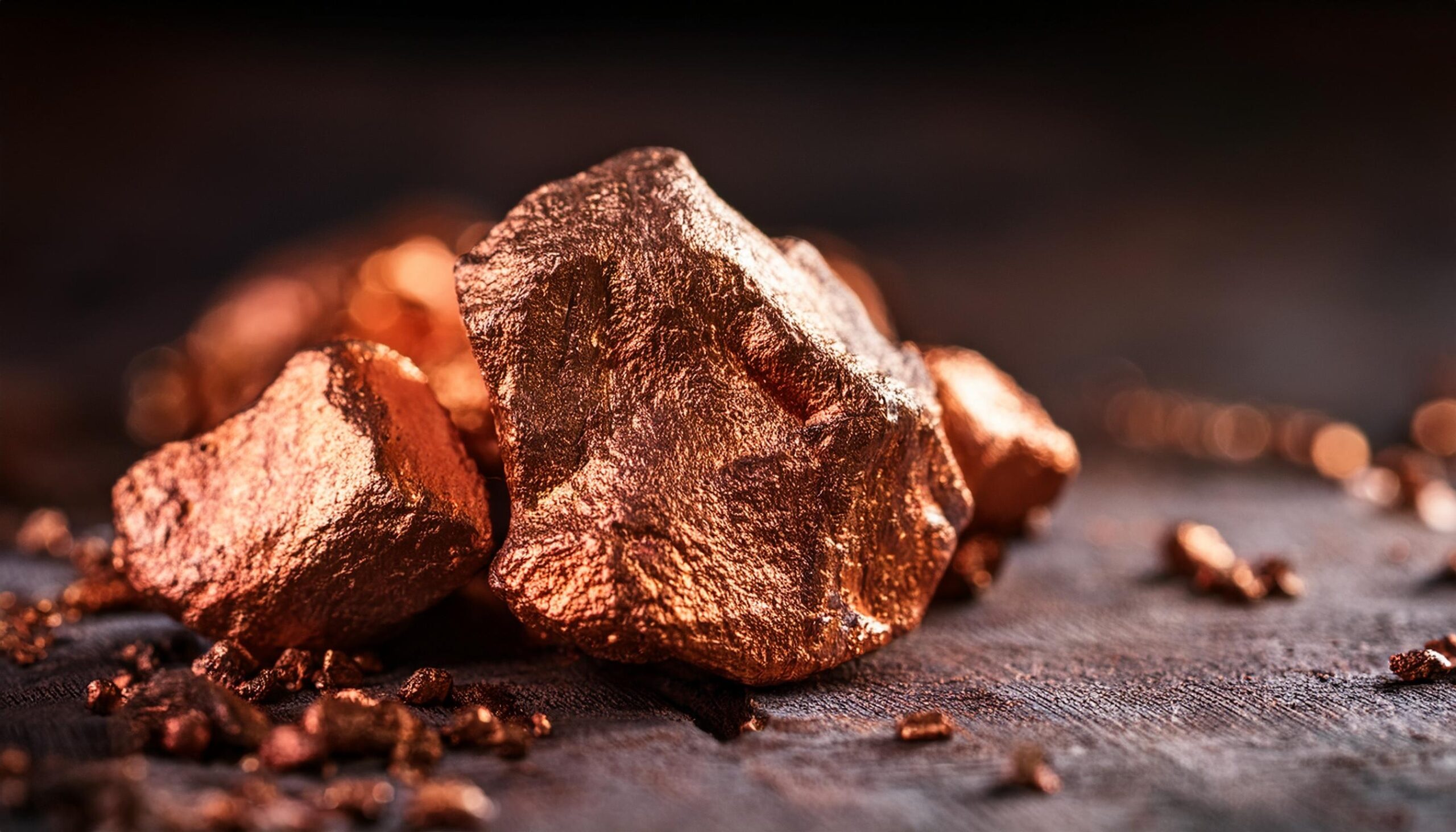 Shiny copper chunk against a dark background