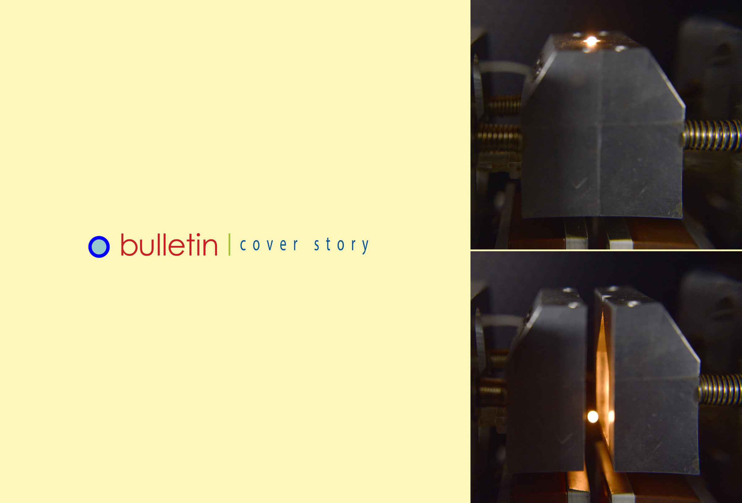 ACerS Bulletin cover featuring a close-up of a high-temperature ceramic material being tested with a mechanical press.