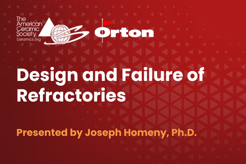 ACerS Bulletin cover featuring the title "Design and Failure of Refractories" presented by Joseph Homeny, Ph.D., with logos o.