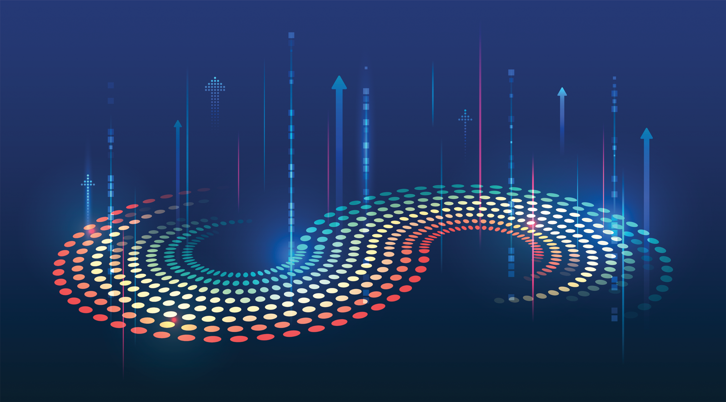 Illustration showing big data with red, orange, yellow, and green dots in an S-like pattern against a blue background.