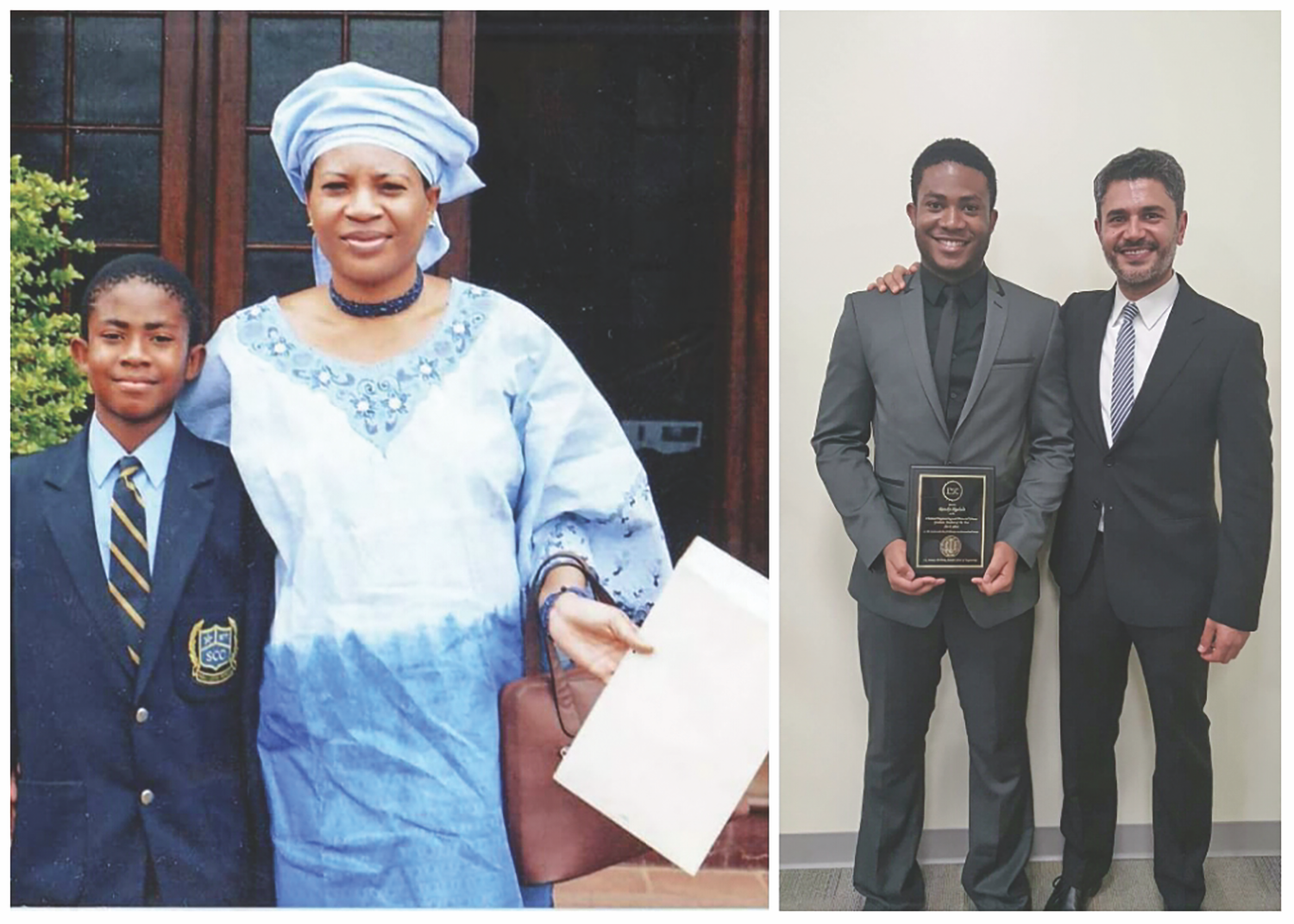Left-to-right comparison of a young boy and his mother vs him grown up with his advisor.