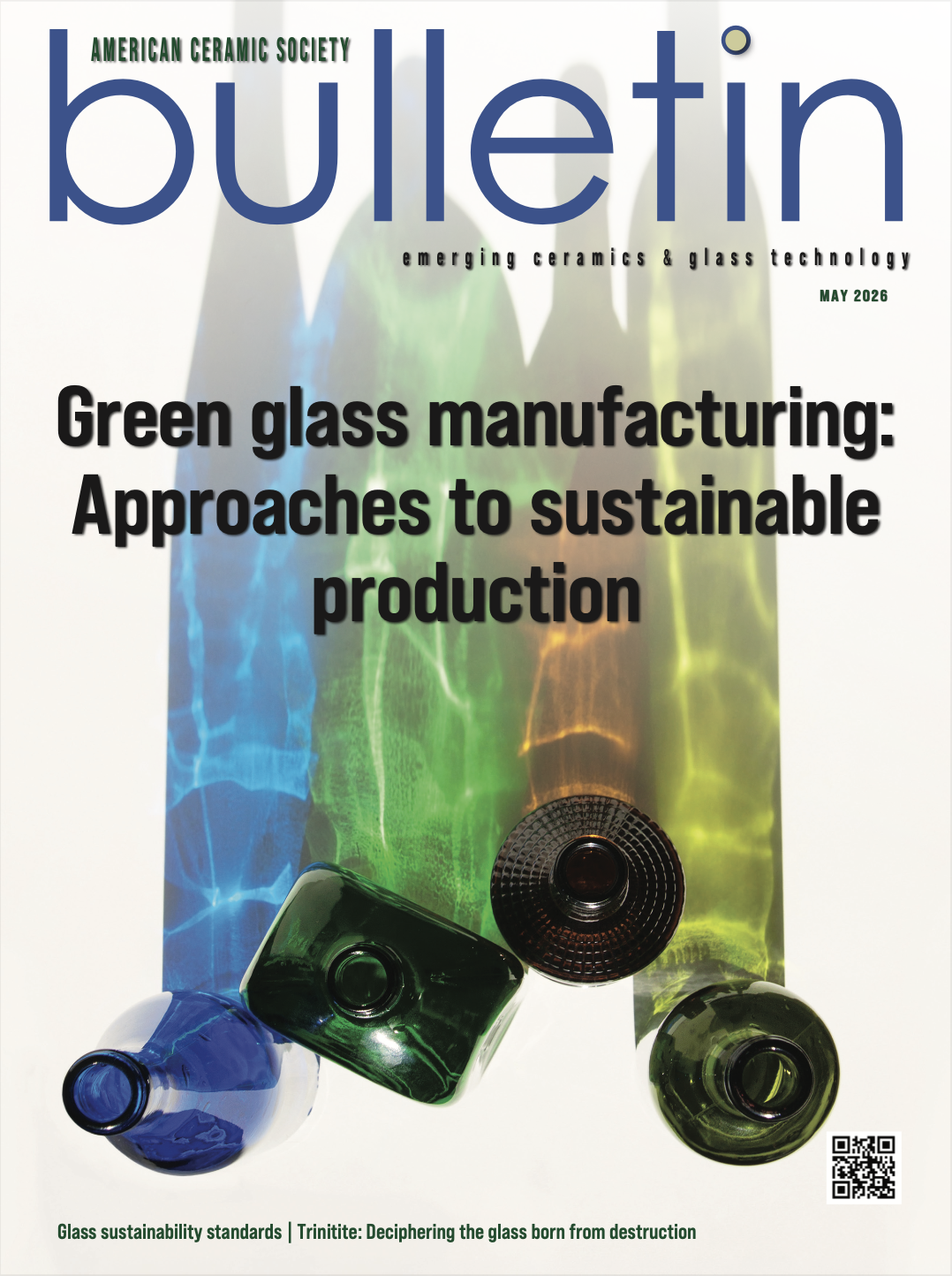 A colorful cover of the ACerS Bulletin featuring green, blue, and orange glass objects with the title "Green glass manufactur.