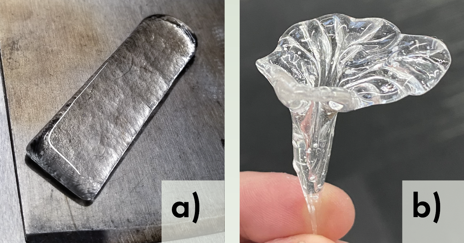 Bar of glass (left) and blown glass in shape of a flower (right)
