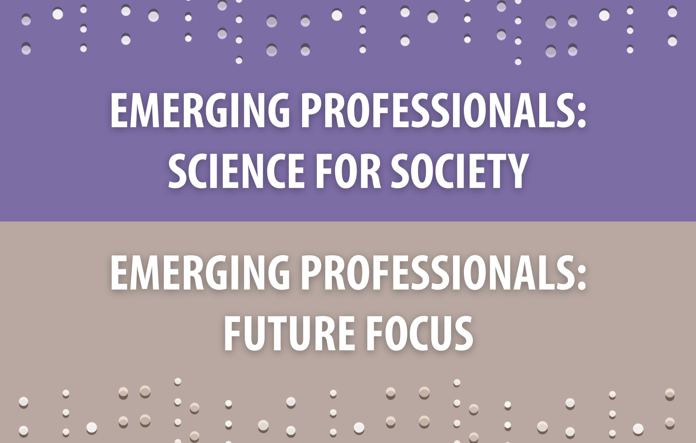 Emerging professionals in science for society and future focus, with purple and beige background and dotted pattern.