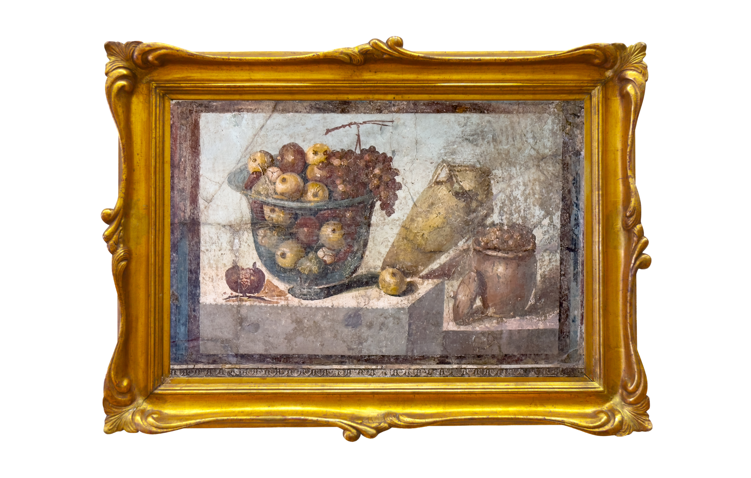 Still life painting of a bowl of apples, grapes, a paper bag, and a jar, framed in an ornate gold frame.