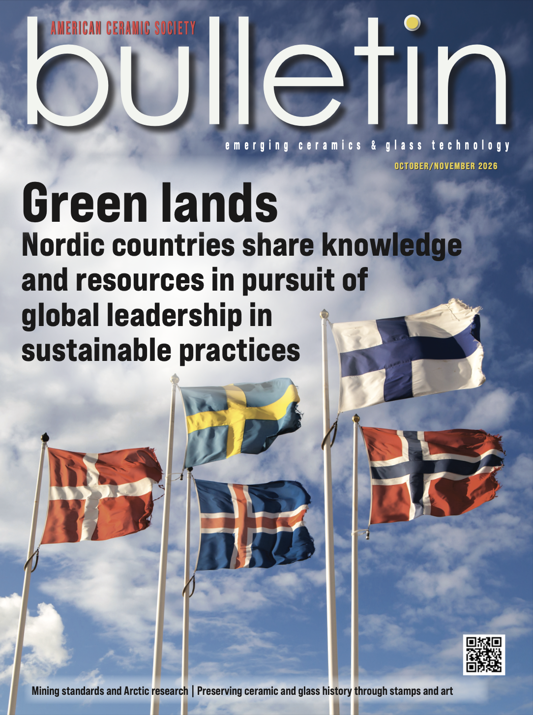 Flags of Nordic countries flying against a blue sky with clouds, on the cover of the ACerS Bulletin October/November 2023.