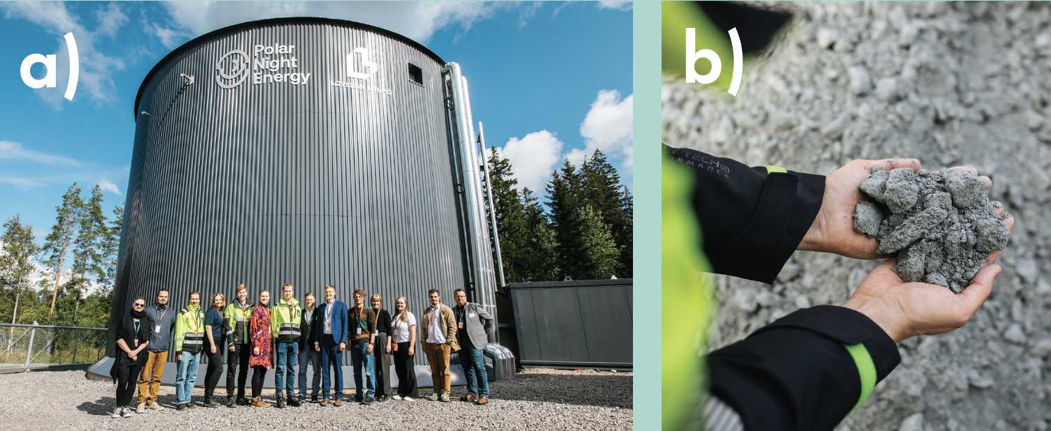 Group of people standing outside a large cylindrical energy storage tank and a closeup of hands holding the energy storage material.