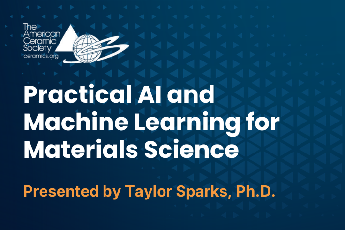 Cover slide of a presentation titled 'Practical AI and Machine Learning for Materials Science' by Taylor Sparks, Ph.D., for A.