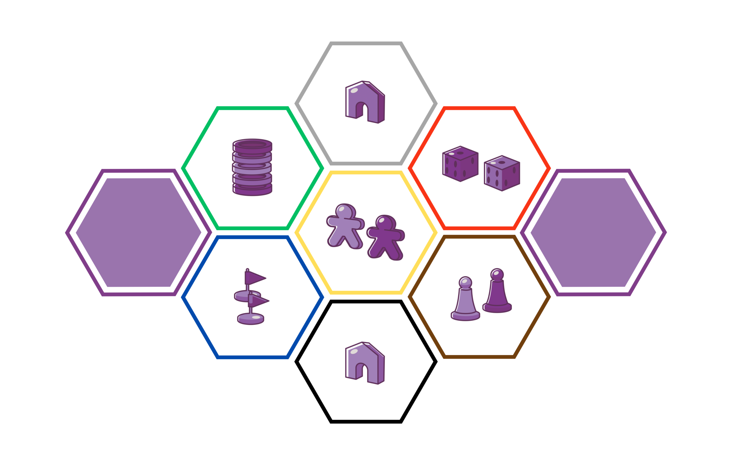 Colorful hexagons with game pieces and tokens for a board game or tabletop game.